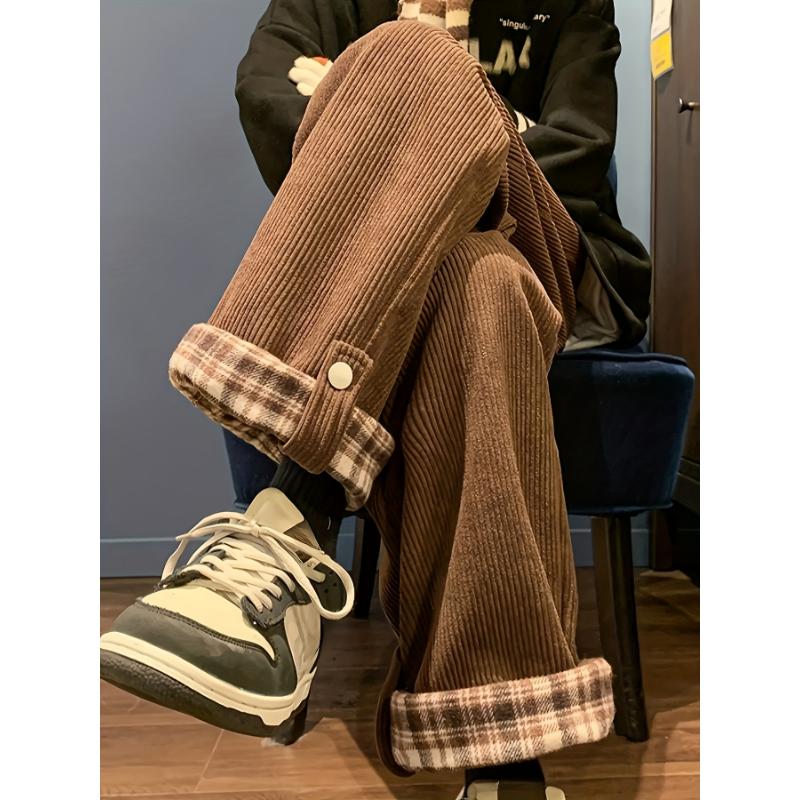Fashion men's wear: Men's Casual Corduroy-Textured Wide-Leg Pants with Plaid Contrast Cuffs - Beige & Brown All-Season Straight-Leg Trousers, Machine Washable for Casual Attire