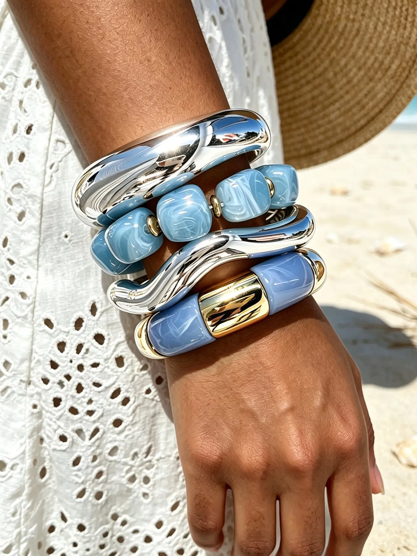 4-Piece Silver Color Geometric Wave Bracelet Set, Retro Casual Resin Abs Bangle, Women's Daily Wear Jewelry, Birthday Gift for Friends, Bracelets Set