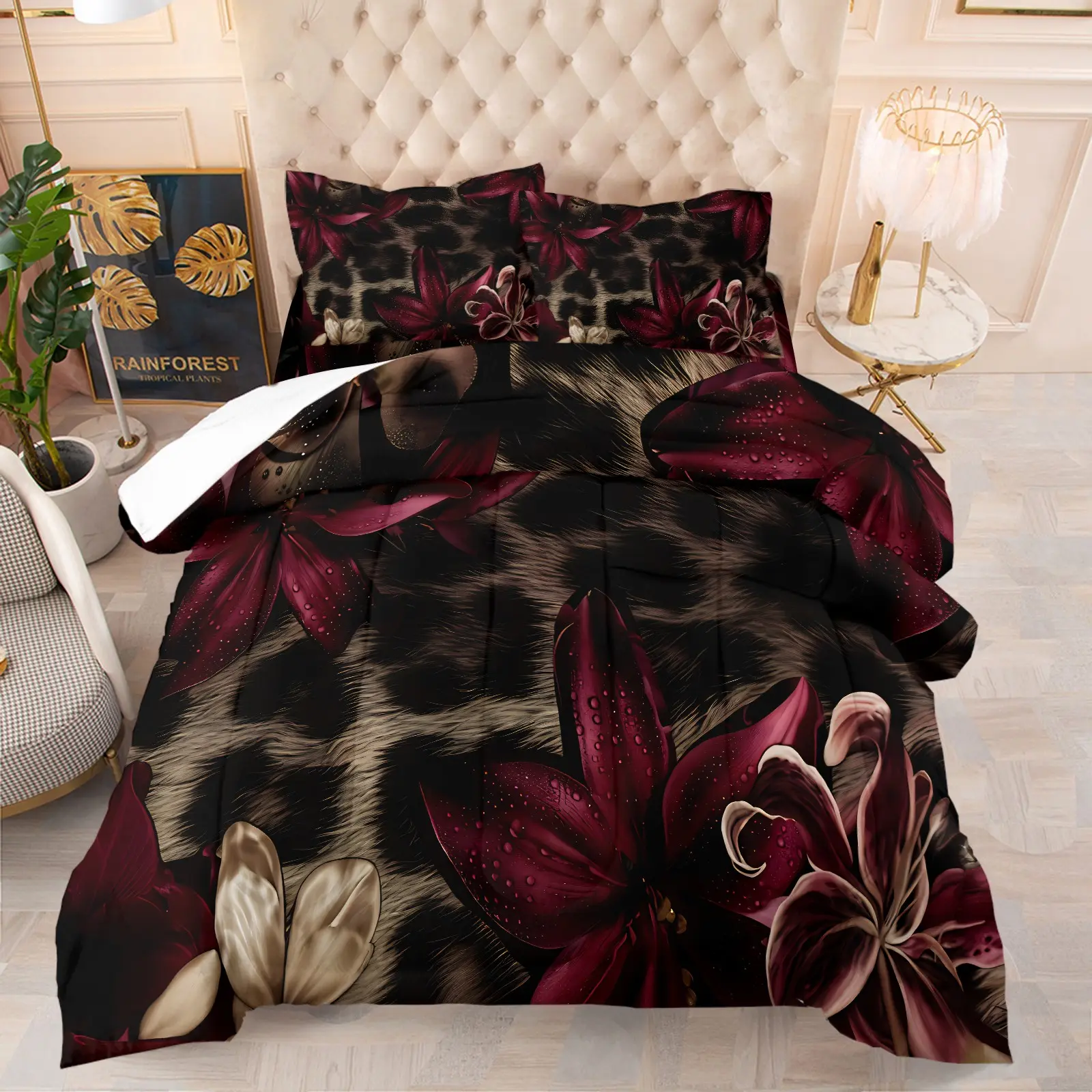Dark Romantic Burgundy Lily Leopard Fur Comforter Set, Soft Breathable Luxury Floral Themed Bedding, Comfy Bedding Set, 1 Comforter + 1-2 Pillowcases, Elegant Gift for Women Girls, Twin/Full/Queen Size for Bedroom Dorm