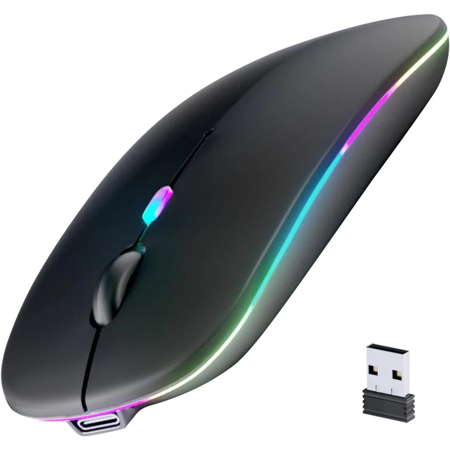 Wireless Bluetooth Mouse, Rechargeable, LED, Silent, Ultra-thin Design (Bluetooth 5.2 and 2.4GHz USB Receiver) |   Portable Computer Mouse for Laptops, iPads, MacBooks and Apple Devices (Black)