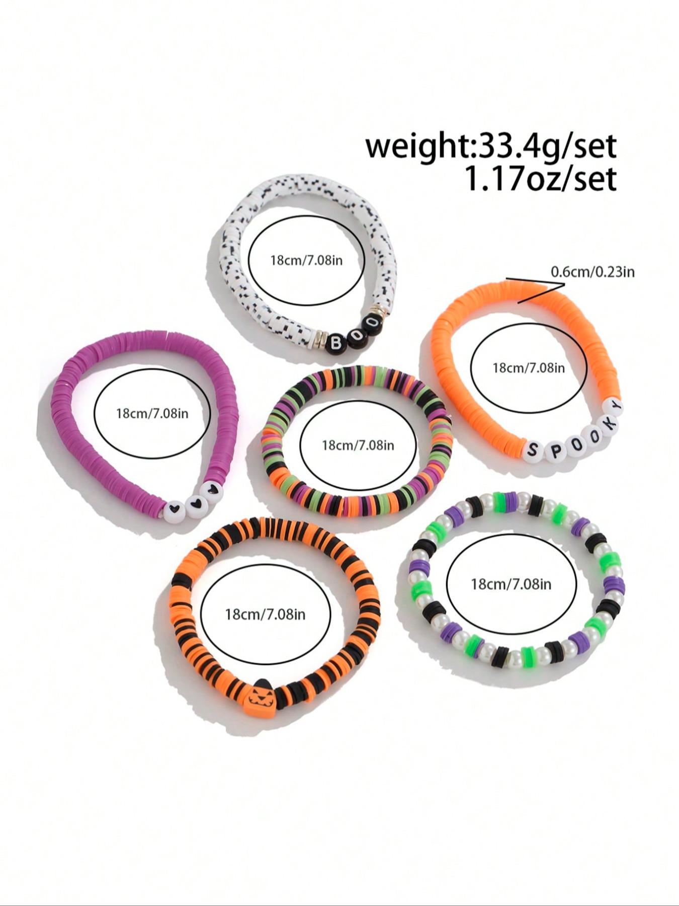 Halloween Party Gift Set, 6-Piece Colorful Soft Clay Bracelets, Acrylic Letter Pumpkin Ghost Design, Holiday Jewelry Accessories