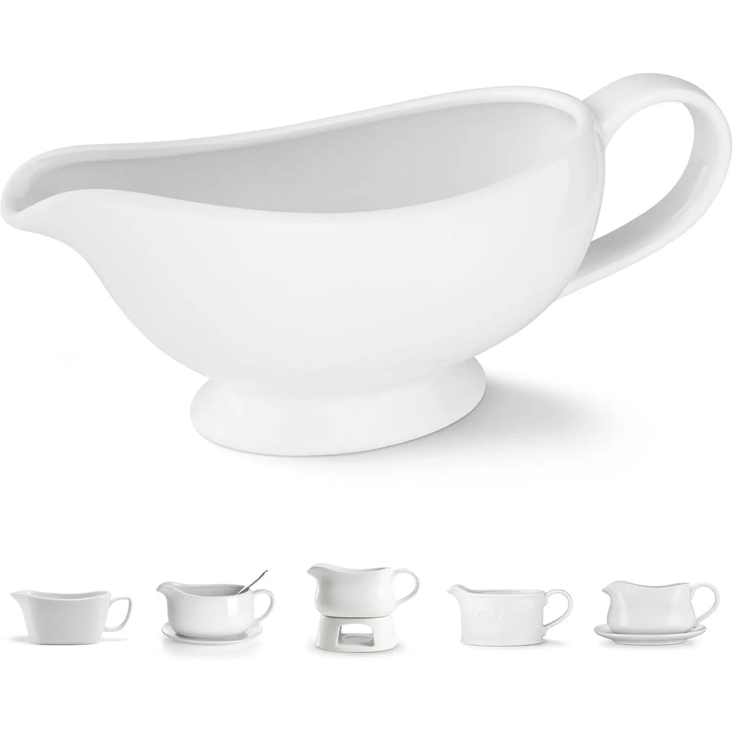 Ceramic Gravy Boat, Serving Dispenser, Porcelain Pitcher for Sauces, Dressings and Creamer, Large Handle, Microwave and Dishwasher Safe, 21 oz, White