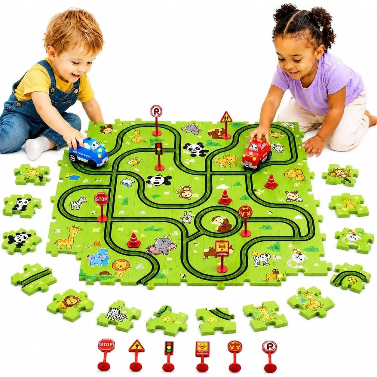 56PCS Puzzle Race Tracks Car Toys for 1 2 3 4 5 Year Old Boys Toddlers, Cars Gifts Puzzle Set with Race Track, Toddler Car Toy Set for Kids Boys Girls