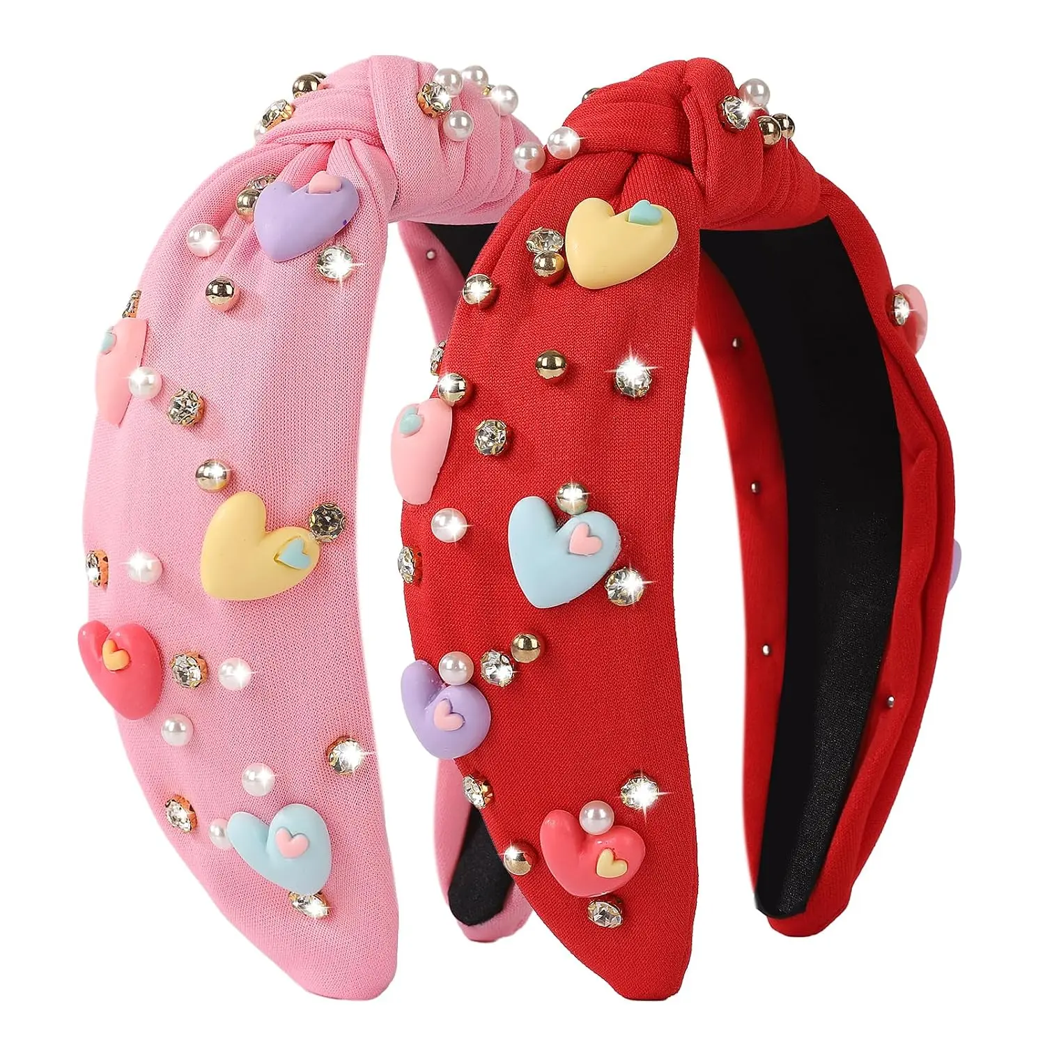 2 Pack Valentine's Day Headband for Women Rhinestone  Jeweled Love Heart Embellished Ladies Wide Top Knot  Red Makeup Hair Hoop Accessory Holiday Party Costume Decor Prezzie