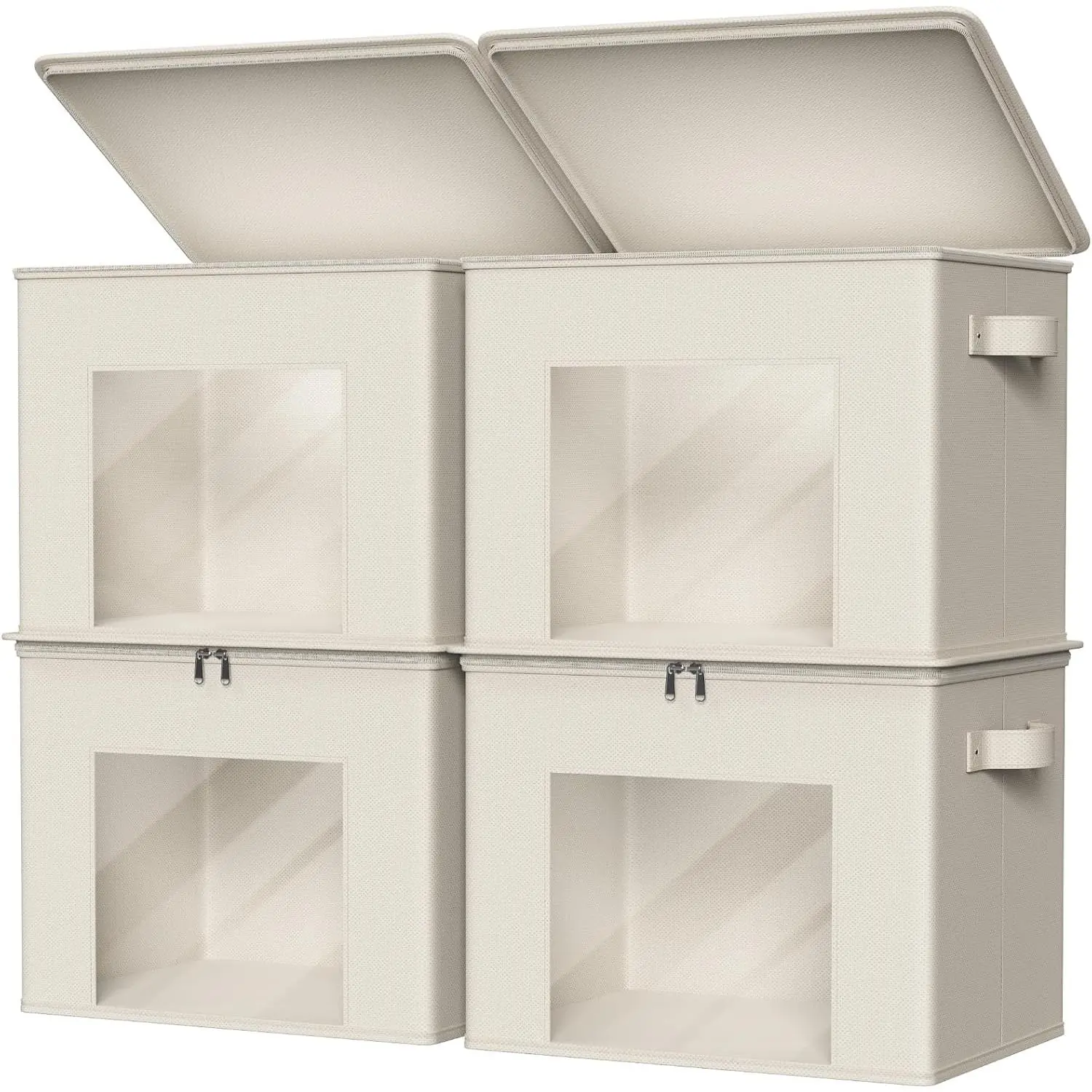 Fabric Storage Bins with Lid Sweater Closet Organizer, Beige,4 Pack |   Stackable, Smooth Zipper, Clear Window, Cloth Storage Bins, Closet Organizers and Storage Box for Home, Office, Bedroom