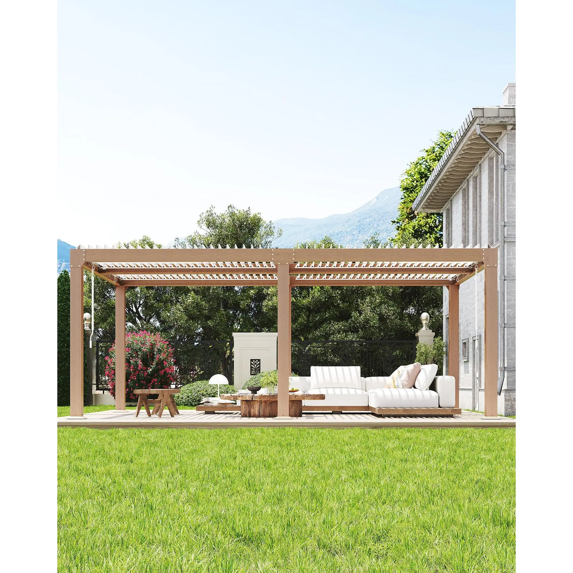 10'x10' Classic Wood Grain Aluminum Louvered Pergola Gazebo Kit, Sturdy Outdoor Structure with Adjustable Louvered Roof, Waterproof Curtains, Netting & Sun Protection for Deck, Patio
