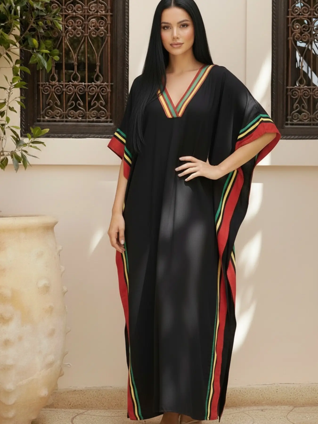 Plus Size Zebra Striped Batwing Sleeve V Neck Dress, Casual Loose Fitted Long Dress for Summer, Women's Plus Clothing for Beach Vacation, Bohemian Casual Fashion, Bohemian Casual Wear, Bohemian Sundress