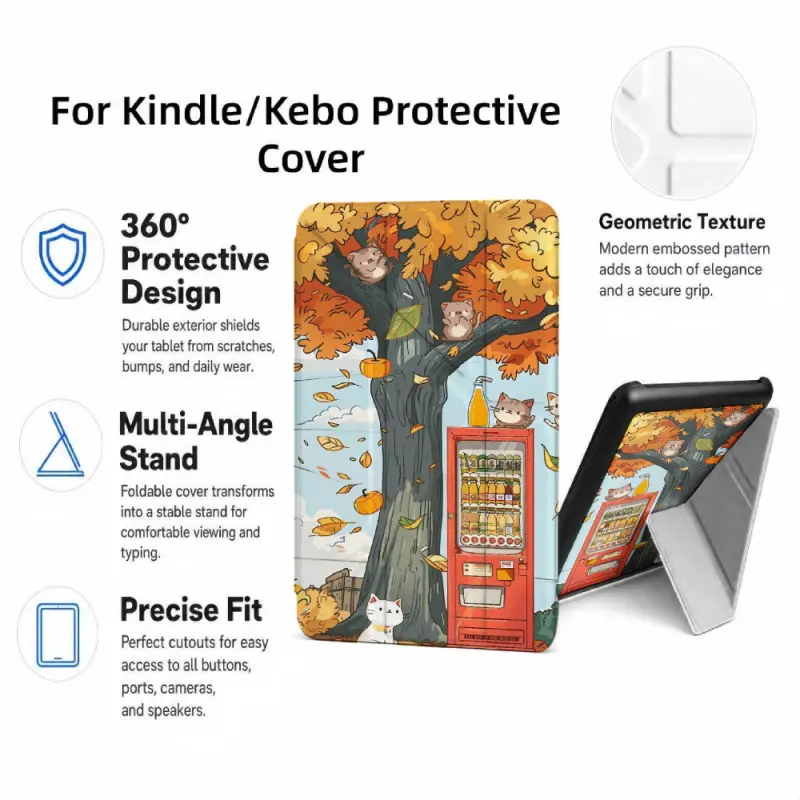 For Kindle/Kobo/Tolino Case, with stand Autumn Tree With Cats And Vending Machine for New Kindle 11Th 2019, for Kindle 11th Generation Case for Kindle 11Th (2022/2024), 6-Inch, 7-Inch Kindle Paperwhite 12Th Generation 2024 Vision Color (2024) /Vision 6 (2