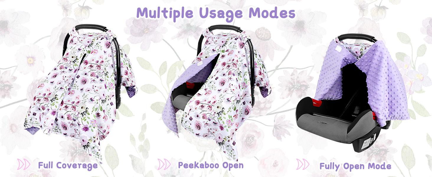 Baby Car Seat Cover, Soft Minky Warm Winter Car Seat Canopy for Infants & Toddlers, Opening with Adjustable Strap, Breathable Nursing Cover & Stroller Blanket, Purple Flowers (Fits Most Car Seats)