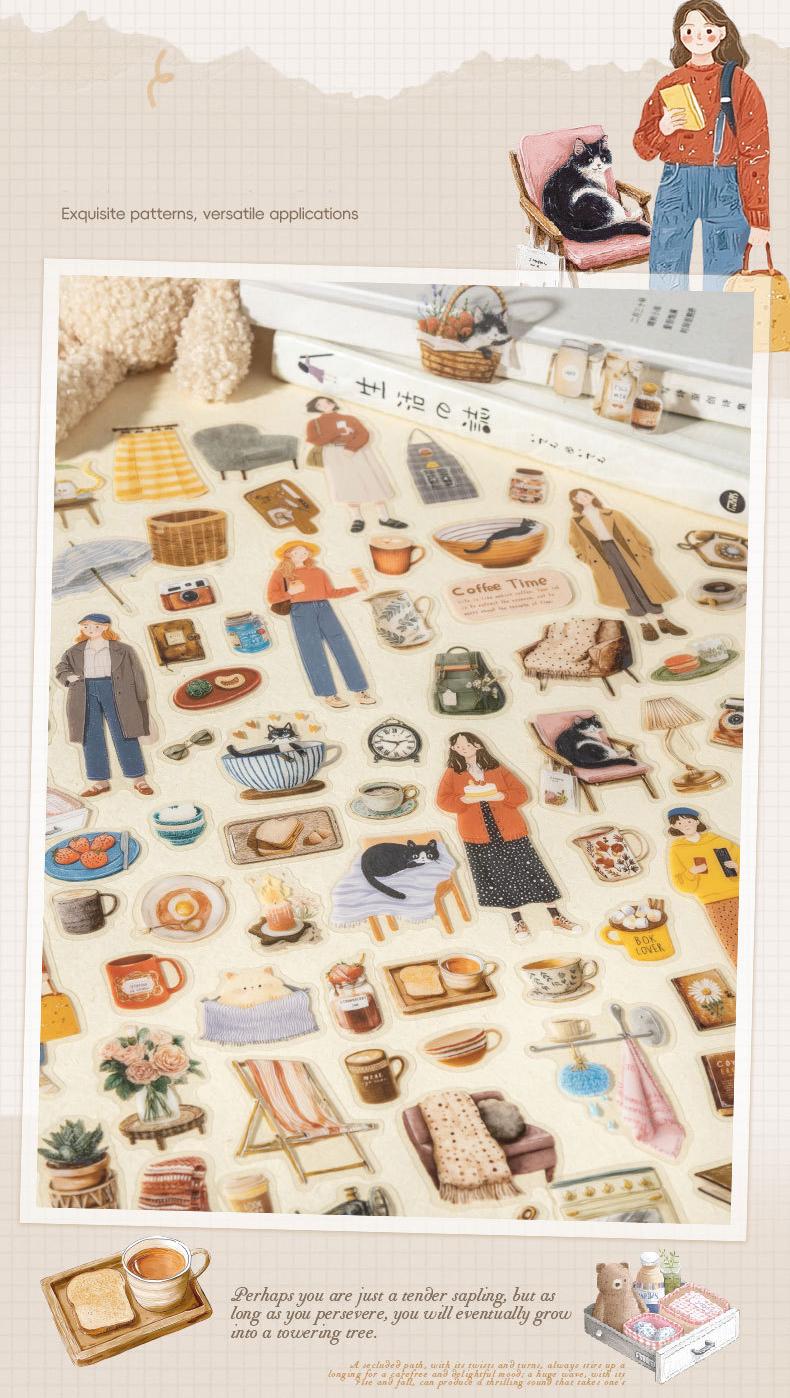 100 piece minimalist large sticker pack featuring characters, flowers, scene product patterns, minimalist style, PET waterproof material, self adhesive, DIY journal decoration, scrapbook notebook materials