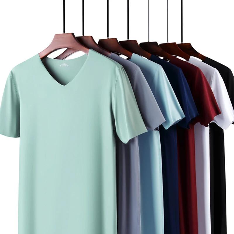Kyn Apparel 2026 Men's Thin Short Sleeve Ice Silk Without Summer Solid Color T shirt Trace Slim V-neck Bottoming Seamless short sleeve
