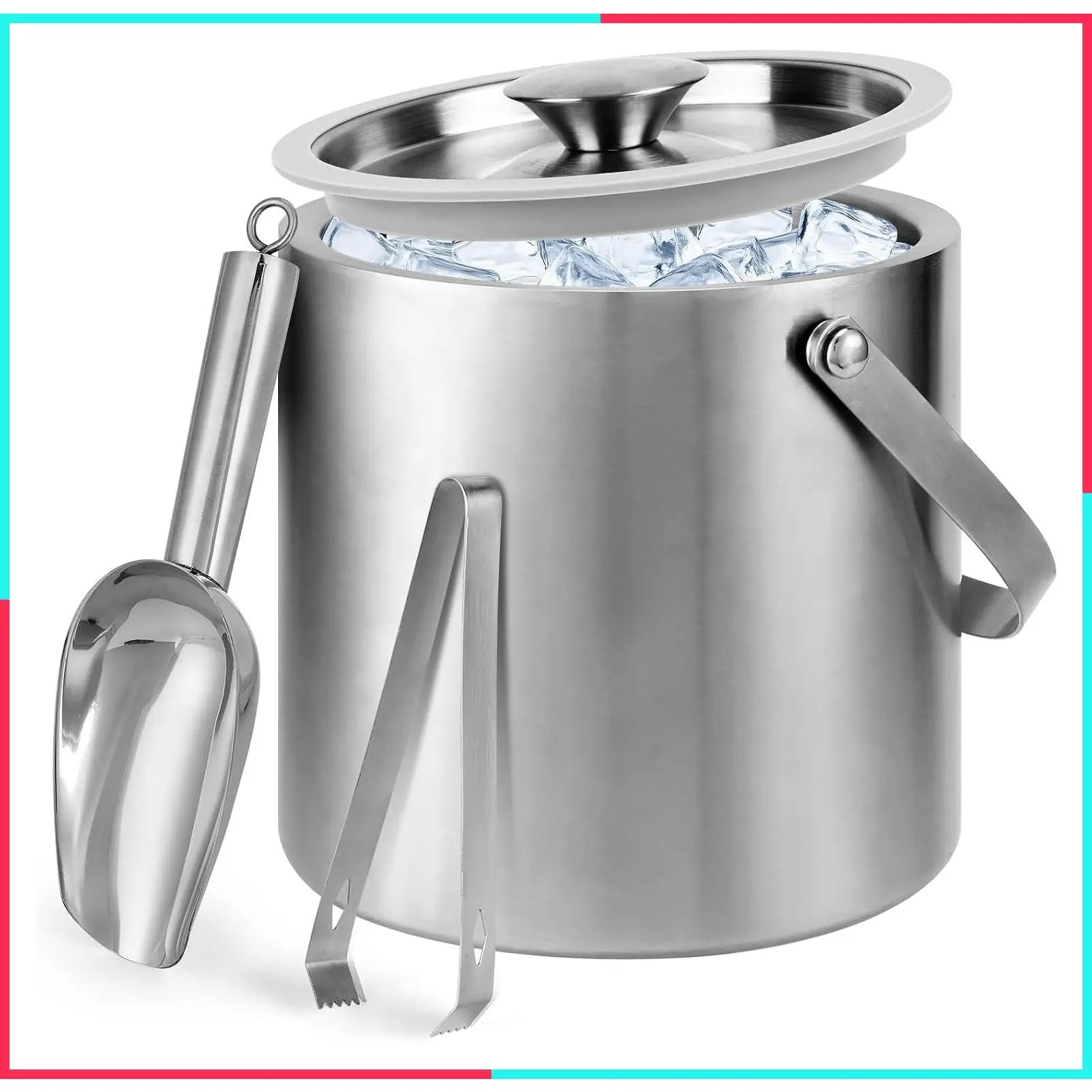 3L Double Wall Insulated Ice Bucket with Lid, Scoop, Tongs, 304 Stainless Steel Inner Container Keeps Ice Frozen Longer for Cocktail Bar, Parties, Beer and Wine
