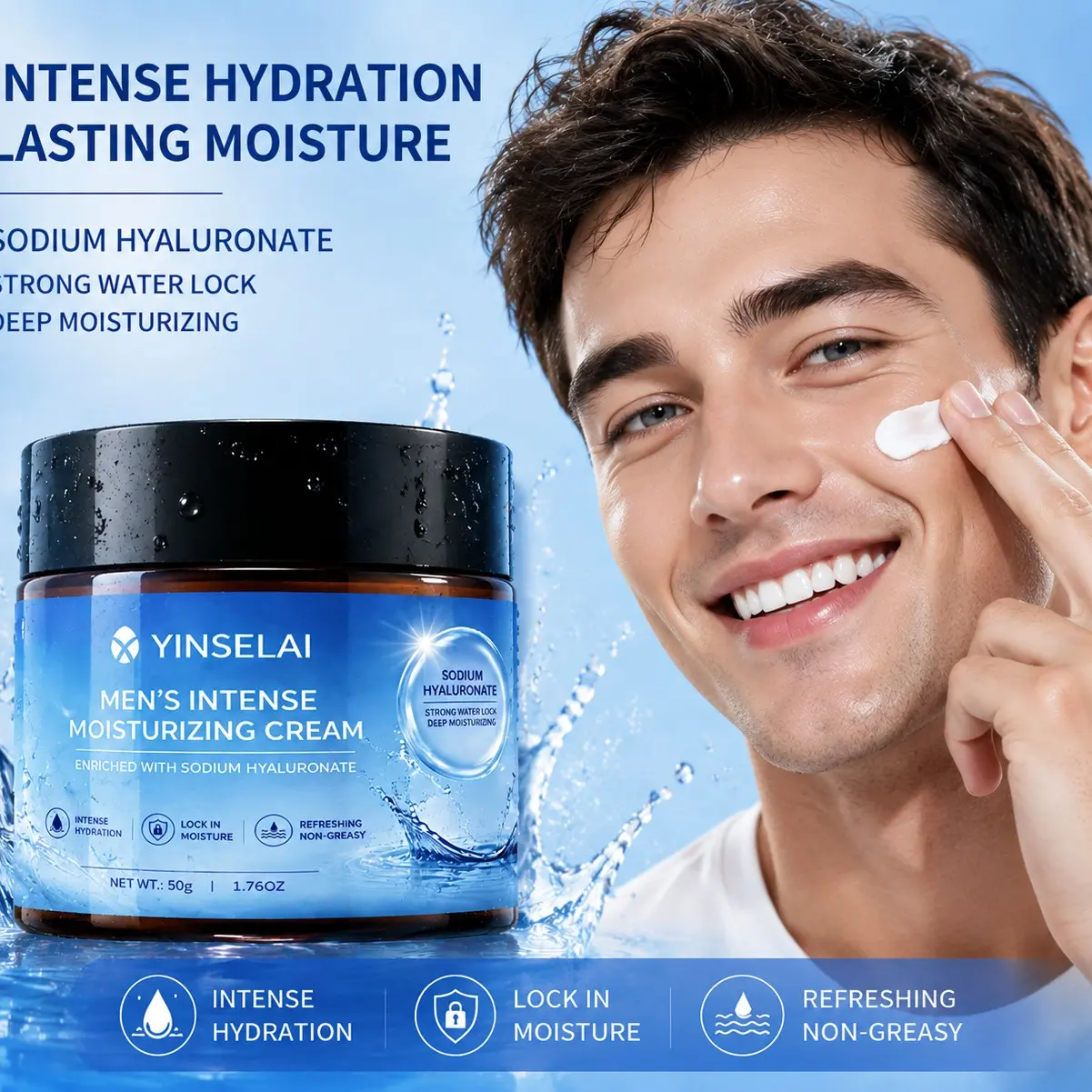 Men’s Intense Moisturizing Cream with Sodium Hyaluronate, Deep Hydration and Moisture Lock, Refreshing Non-Greasy Lightweight Face Cream, Locks in Moisture, Daily Face Moisturizer for Men, Hydration Hyaluronic Facial, Hydrating, 50g