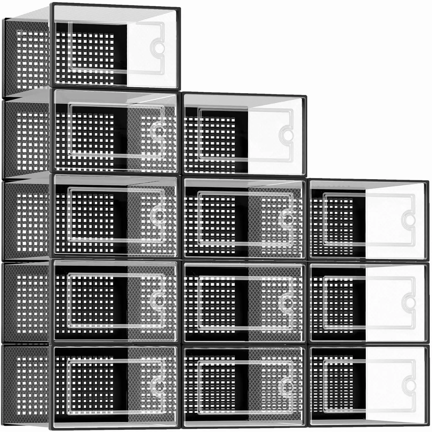 X-Large Clear Plastic Stackable Shoe Storage Boxes Organizers 12 Pack, Substitute for Shoe Rack & Holder, Sneaker Containers, Toy Storage Organizer Bins for Entryway, Closet, Under Bed, Black