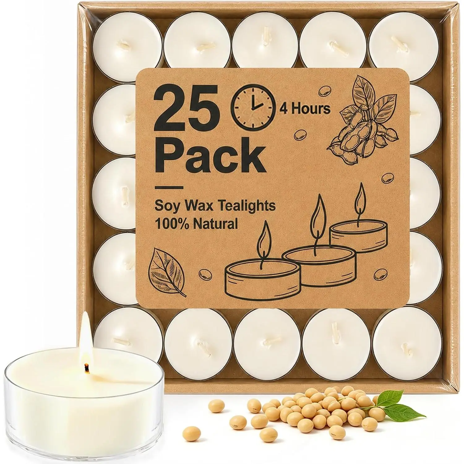 Lights Candles, Votive Candles Bulk 25 Pack, 4 Hour | Long  Unscented  Soy Wax Tealight Candles for Wedding Centerpieces  Decor  Party Use