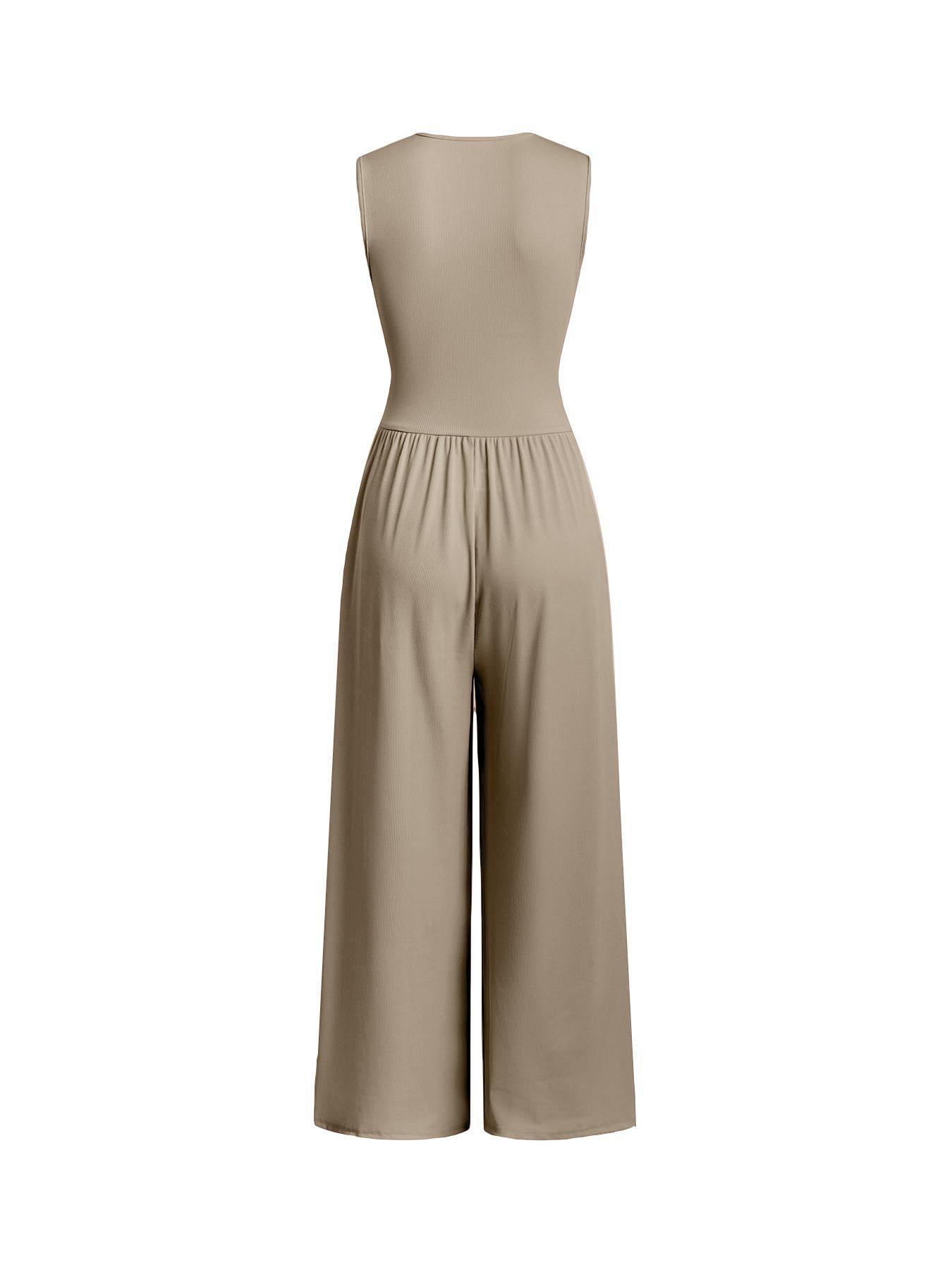 Women's Plain Ruched Deep V Neck Ribbed Jumpsuit, Elegant Sleeveless Wide Leg Jumpsuit for Summer, Ladies Clothes for Beach Holiday Vacation