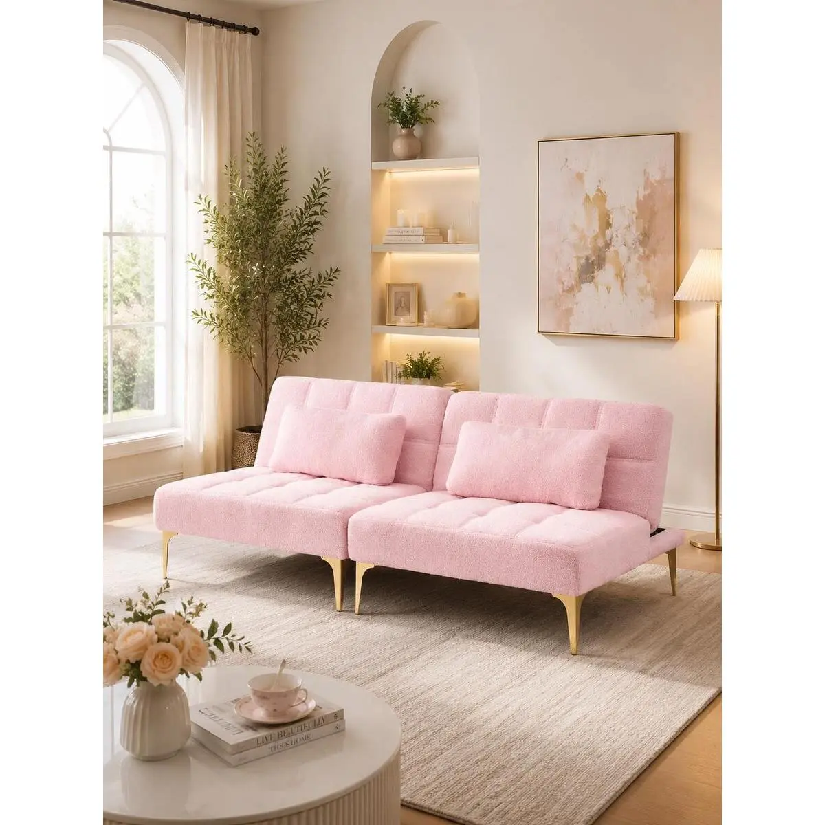 Convertible Single Sofa Bed Futon With Gold Metal Legs Teddy (Pink)