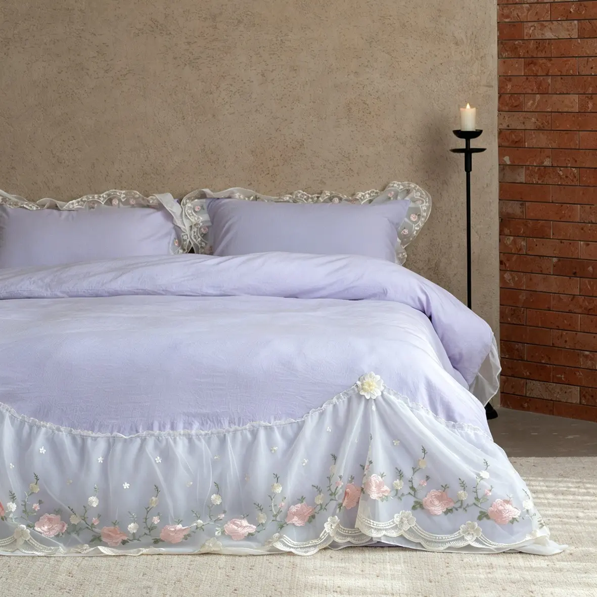 3 Pieces Purple/White/Pink Double-layer Wide Ruffled Lace Edge, Floral Bedding Set: Duvet Cover + 2 Pillowcases (Inner Fillings Not Included), Korean Lady Style, High-weight Polyester Fabric, Available in Single, Double, Queen Size, Duvet Cover Sets