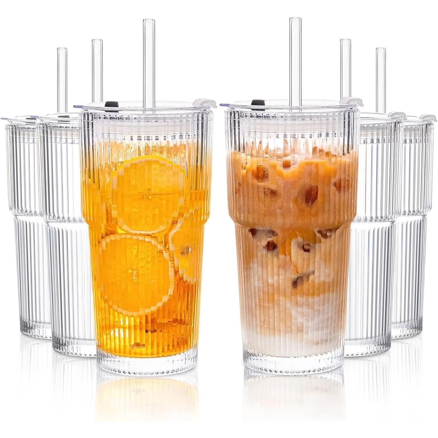 8 Ribbed 4 Unribbed Glass Cups Combo Set 8 Lids 8 Straight Straws 4 Wooden Plastic Lids 4 Straws 3 Brushes Total Multi Purpose Glass Drinkware For Cold Drinks Breakfast Juice