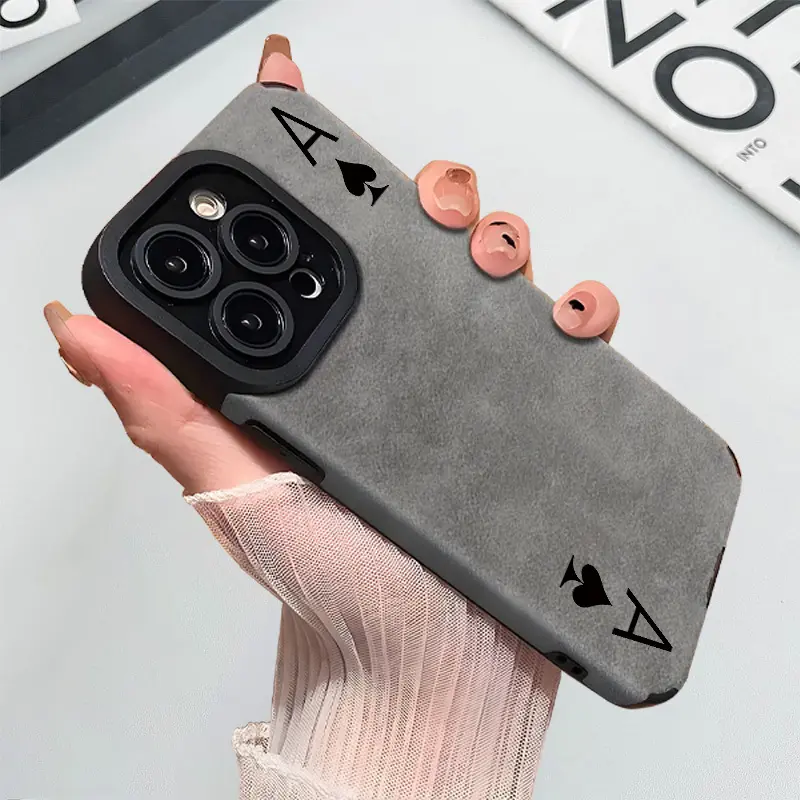 Spade Ace Poker Card Print Phone Case for iPhone 17 16 15 14 13 12 11 XS Max, Grey Faux Suede Leather Soft TPU Shockproof Cool Minimal Playing Card Protective Cover