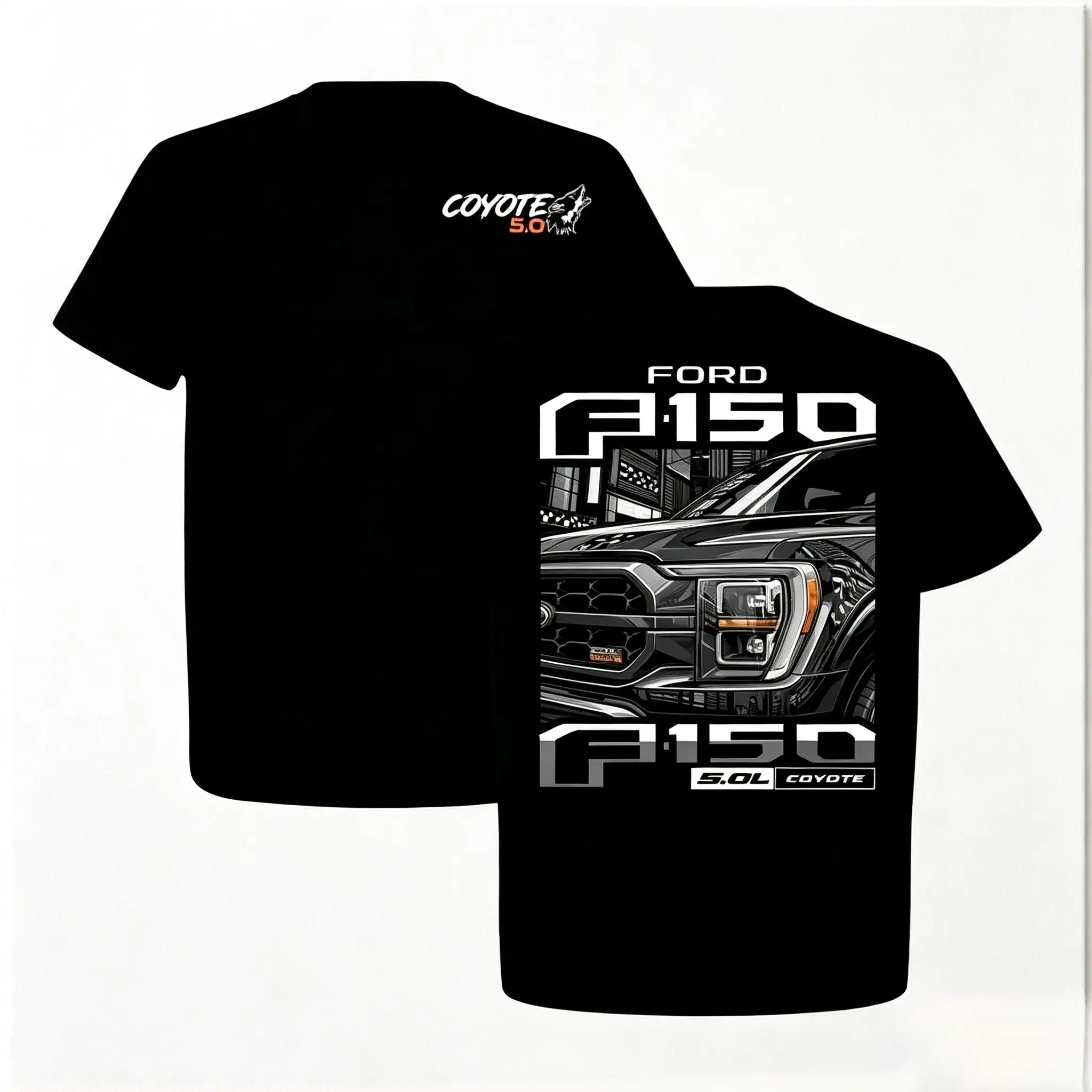 Men's Double-Sided Ford F150 Coyote 5.0 Graphic Menswear Apparel, Short-Sleeve Round Neck Cotton Crewneck Garment for Pickup Truck Automotive Enthusiasts