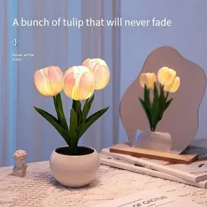 USB plug-in LED tulip light, bedside lamp, no batteries required, flower bouquet as a lamp, indoor dormitory bedside decoration sleep light, realistic flower atmosphere lamp, Floral Lamp
