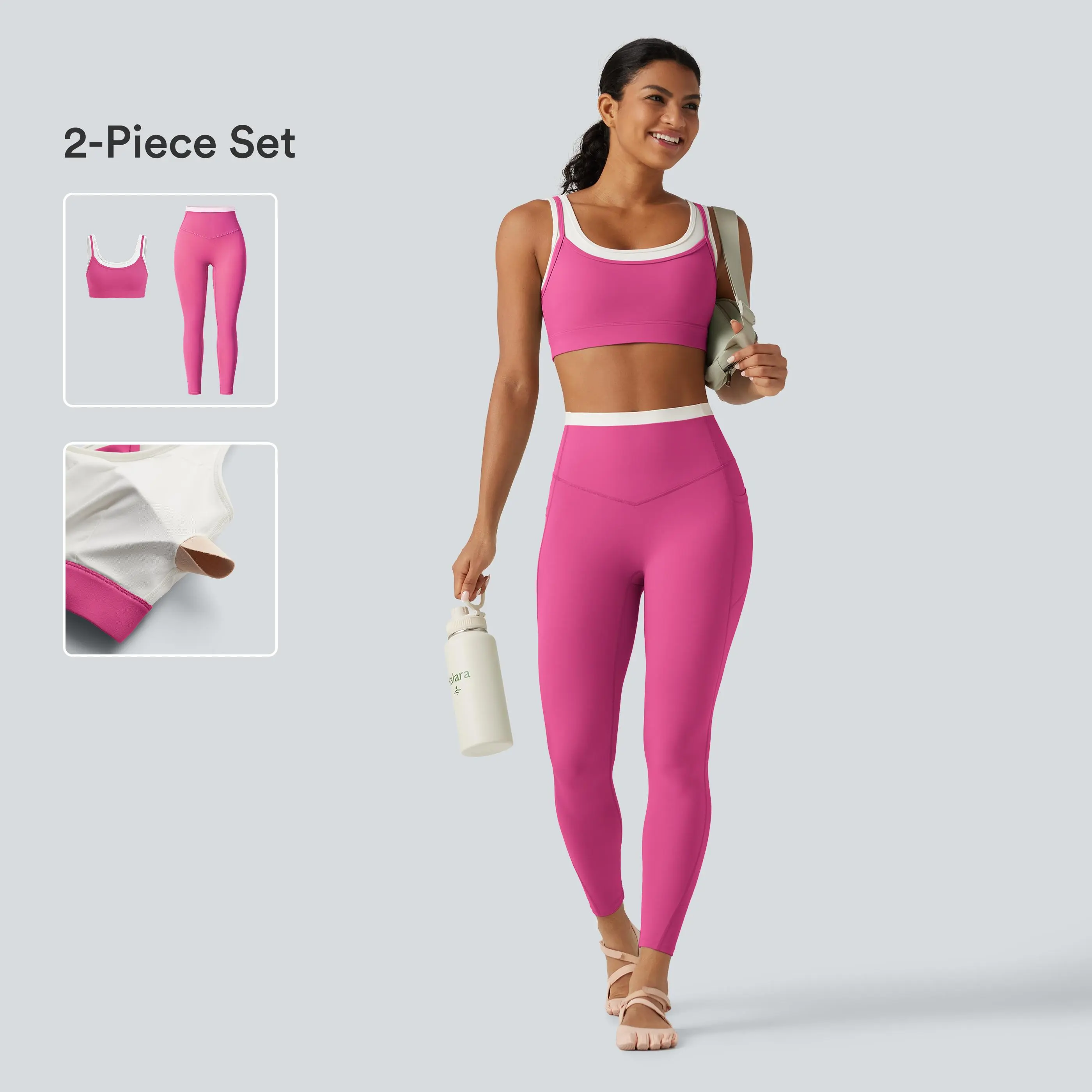 Halara 2-Piece Set UltraSculpt Medium Support 2-in-1 Twisted Back Color Block Sports Bra & Leggings
