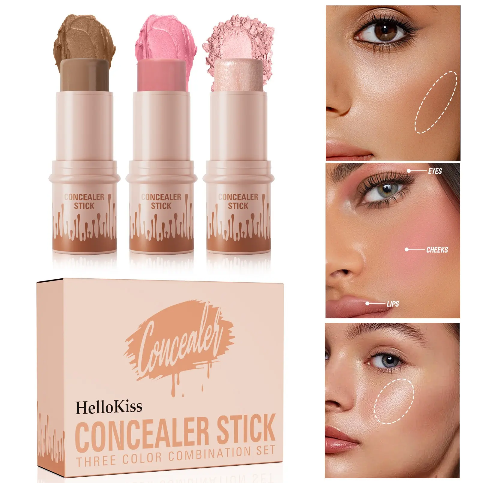 Long Lasting Waterproof Highlighter & Blush & Contour Stick Set, Beauty Cosmetics, 3 Counts/set Non-greasy Stick, Easy To Sculpt The Face and Create A Lightweight Finishing Makeup Glow