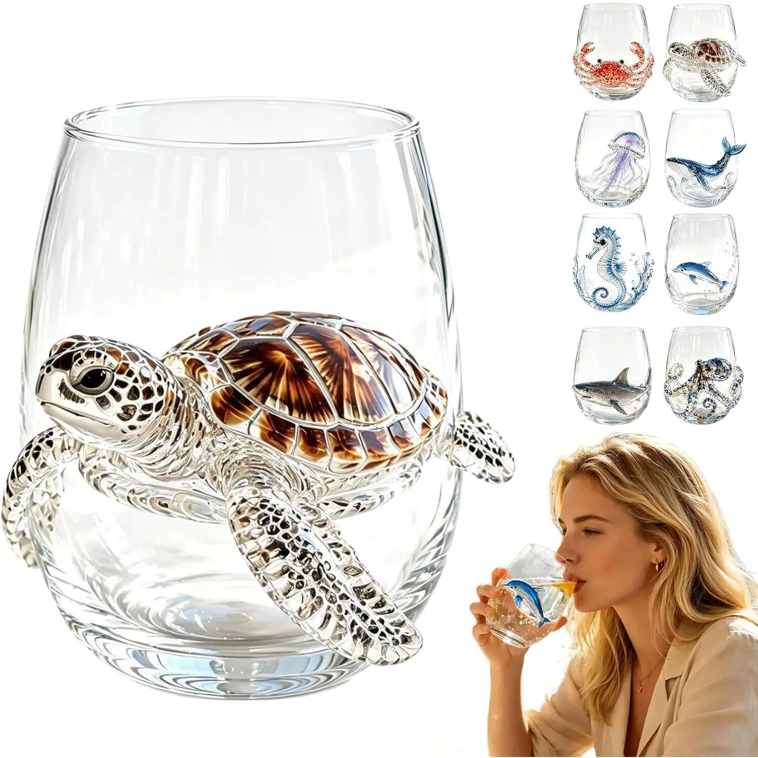 Artisanal 3D Shape Marine Theme Glassware Drinkware, Handcrafted Blue Ringed Octopus Stemless Wine Glass with Animal Motifs, Coastal Home Decor for Ocean Lovers (Turtle) Bar Glass High Temperature Turbine Spray Gun Lighter