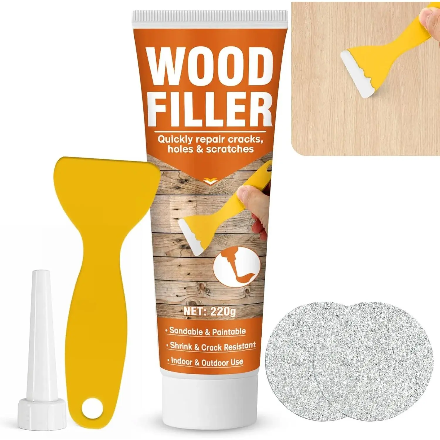 Wood Filler, 7.76 oz Paintable & Sandable Wood Putty, Low Odor | Shrink & Crack Resistant-Quick Repair for Cracks, Holes and Damage-For Indoor & Outdoor Wood Repair(White)