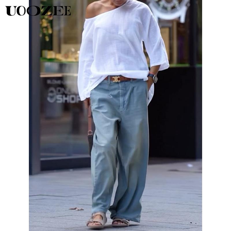 UOOZEE Women's Summer Cotton Blouses - Off Shoulder Long Sleeve Tops in Solid Color for Casual Wear High-Quality Material Multiple Color Options T-shirts