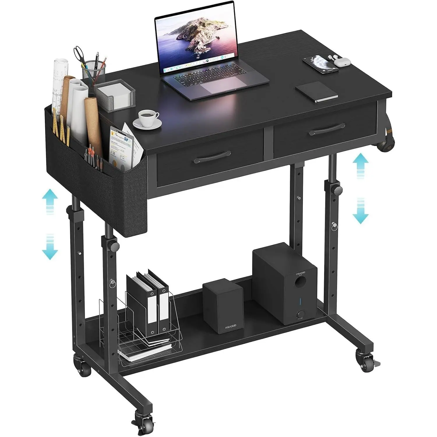 Small Portable Rolling Standing Desk - 32 Inch Adjustable Mobile Stand Up Gaming Desks with 2 Fabric Drawers  Wheels, Couch Sofa Side Laptop Table with Storage for  Office, Black