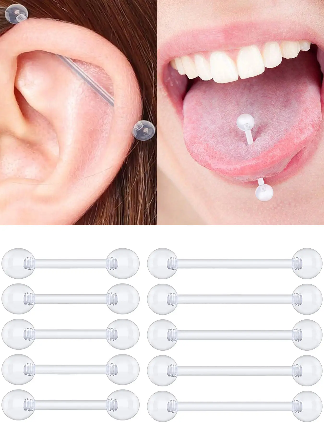 10Pcs 14G Clear Plastic Piercing Retainers Set Flexible Invisible Hypoallergenic Tongue Ear Jewelry for Sleep Swim Work Back to School Healing 12/35mm
