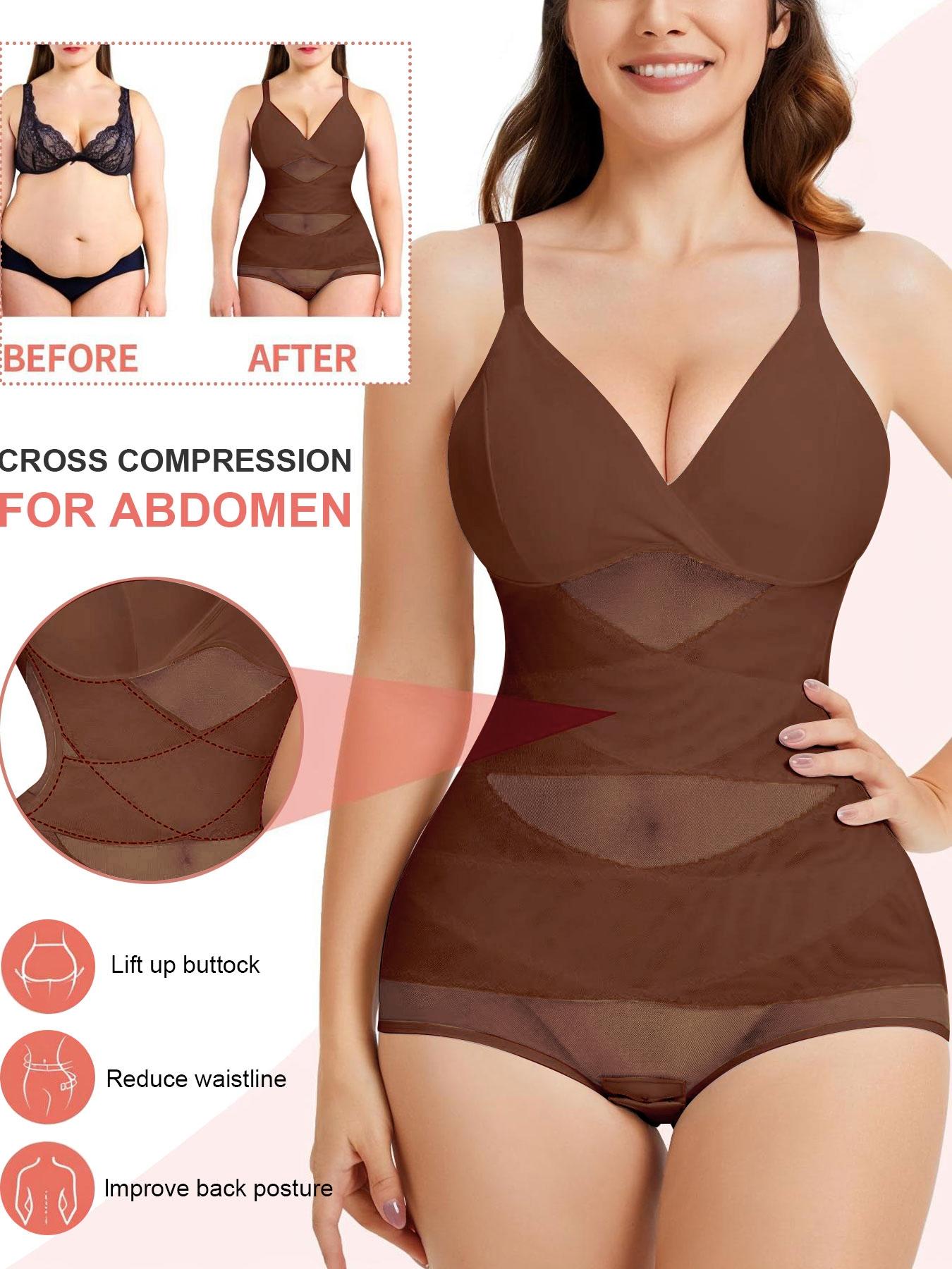 Women's Sheer Mesh Bodysuit High Elastic Breathable Fabric V Neck Full Body Shaping Underwear, Casual All Season Wear, Shapewear