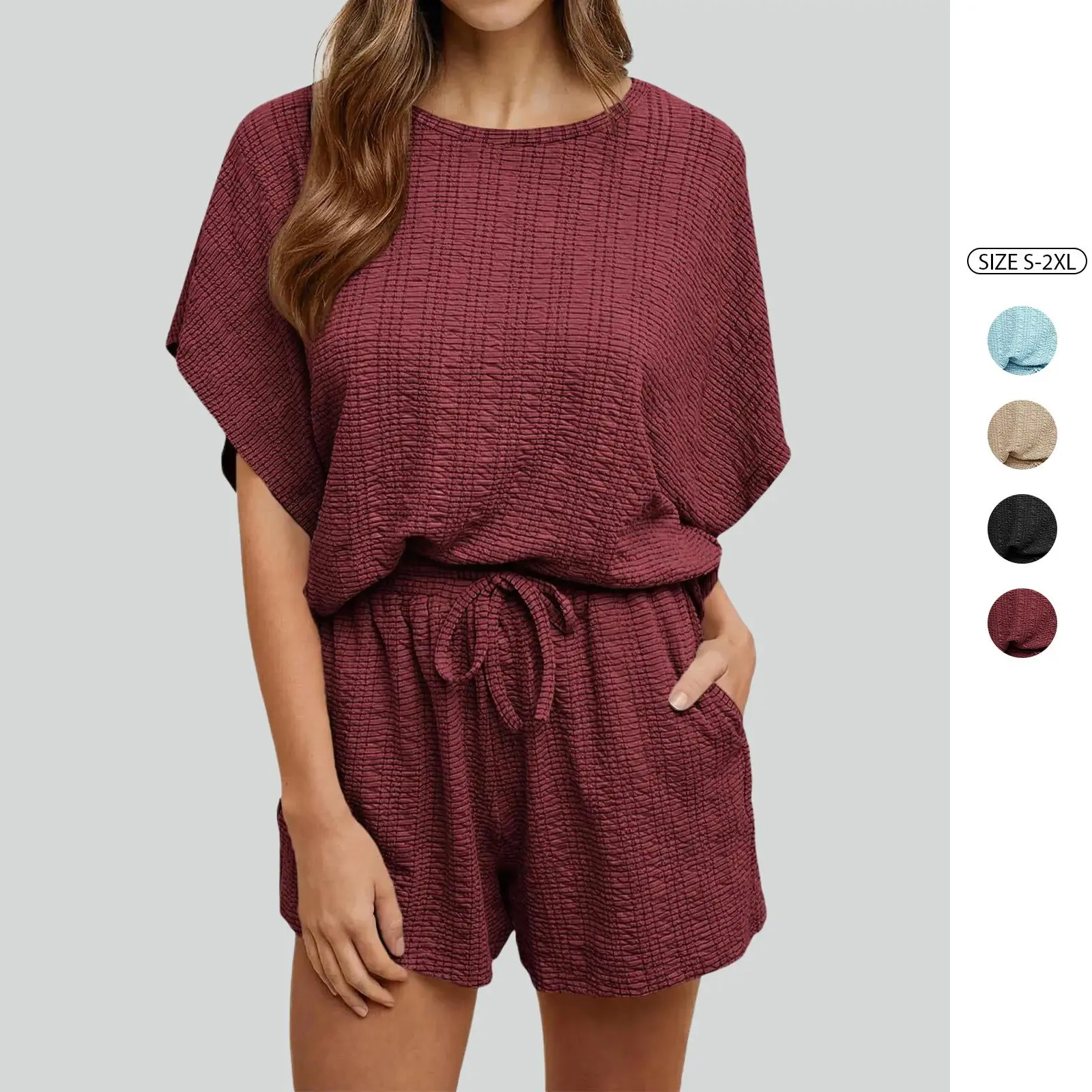 Imily Bela Womens 2 Piece Outfits Shorts Set Summer Casual Short Sleeve Oversized Textured T Shirts Tops Lounge Matching Sets