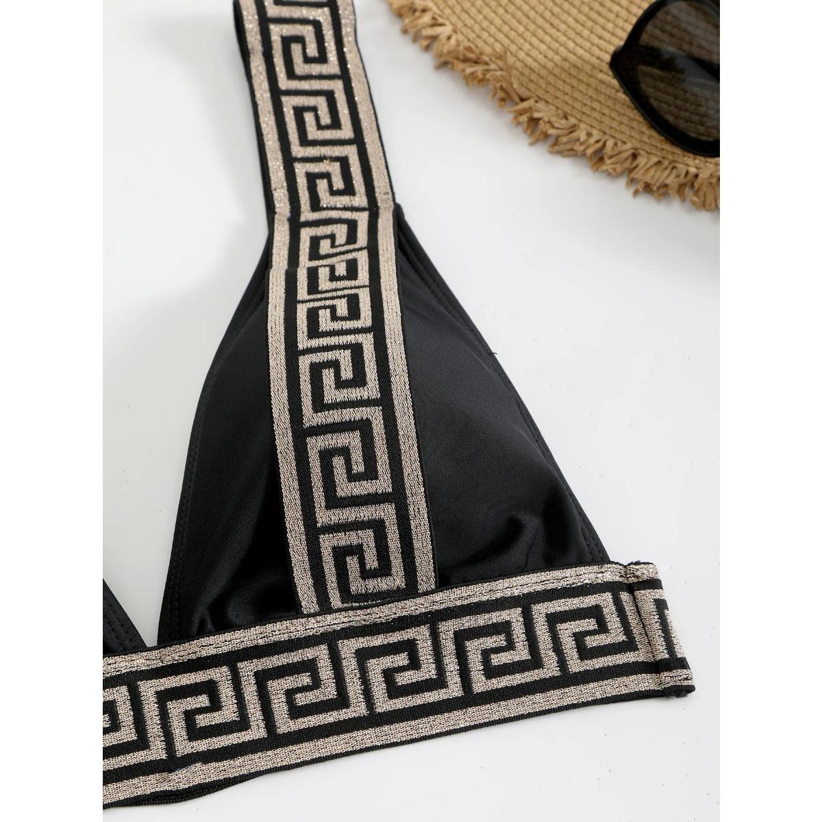 2026 New High-waisted Triangle Bag Bikini, Fashionable and Sexy Solid Color Webbing Beach Swimsuit,Black Gold Greek Key Print Two Piece Bikini Set for Women, Triangle Push Up High Waist Swimsuit