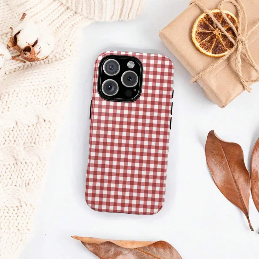 Burgundy Red & White Gingham Check Phone Case Compatible with MagSafe, Slim Shockproof Protective Cover, Vintage Fall Cottagecore Preppy Style for iPhone 17 16 15 14 13 12 11 Pro Max