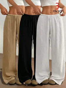 3-Pack Women's Linen Lightweight Transparent Long Pants, Casual Loose-Fit, Breathable Comfort, Summer Elastic Waist
