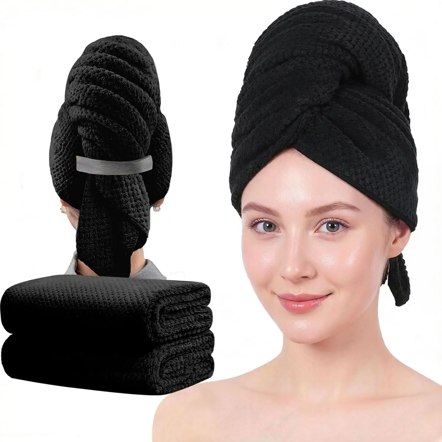 Microfiber Hair Towels, Waffle Hair Towel Set, Super Soft Highly Absorbent, Sturdy Quick Drying Turbans for Long, Thick, Curly Hair (2 Pack, 40" x 20")