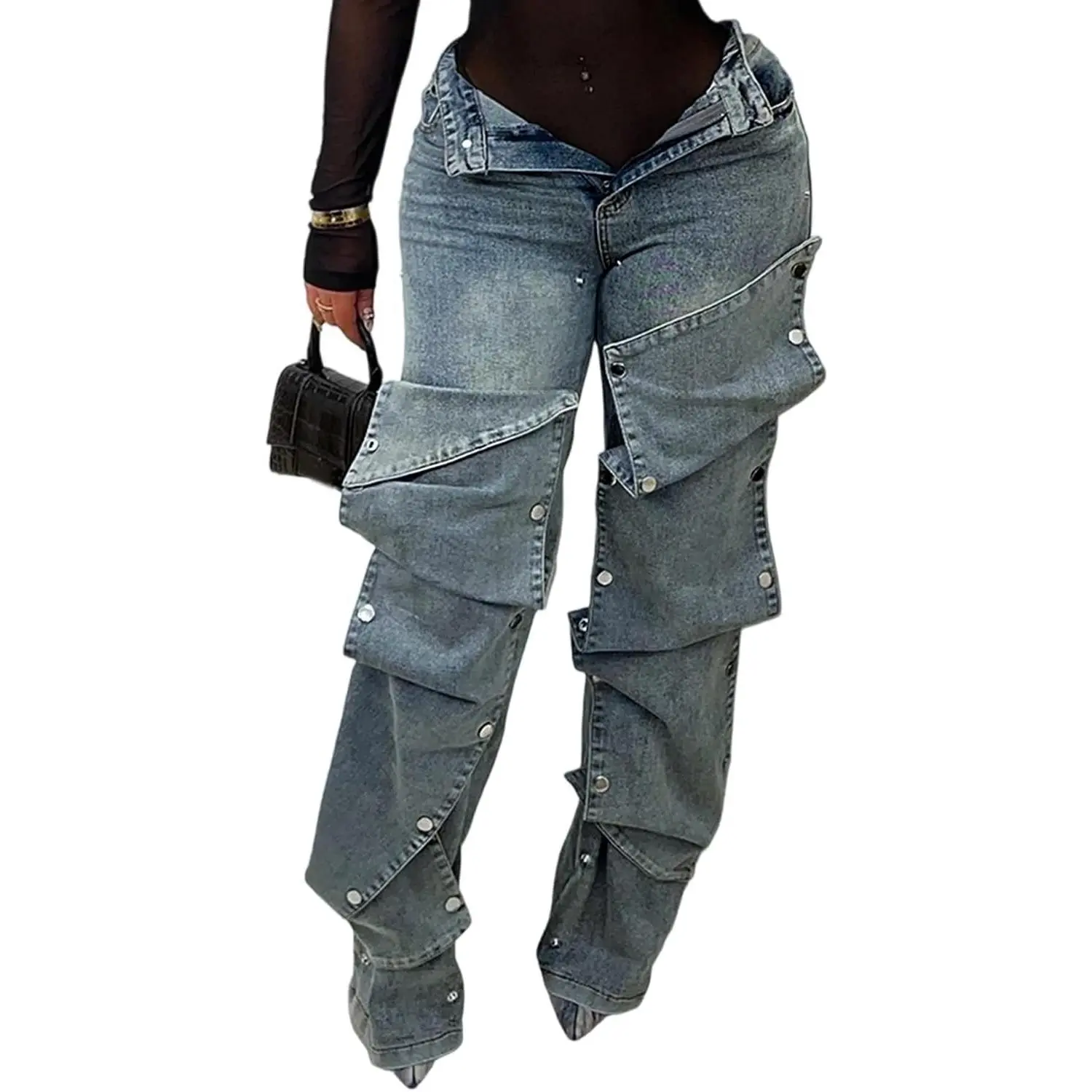 Womens y2k Detachable Patchwork Irregular Boyfriend Cargo Jeans High Waisted Straight Leg Denim Pants Streetwear