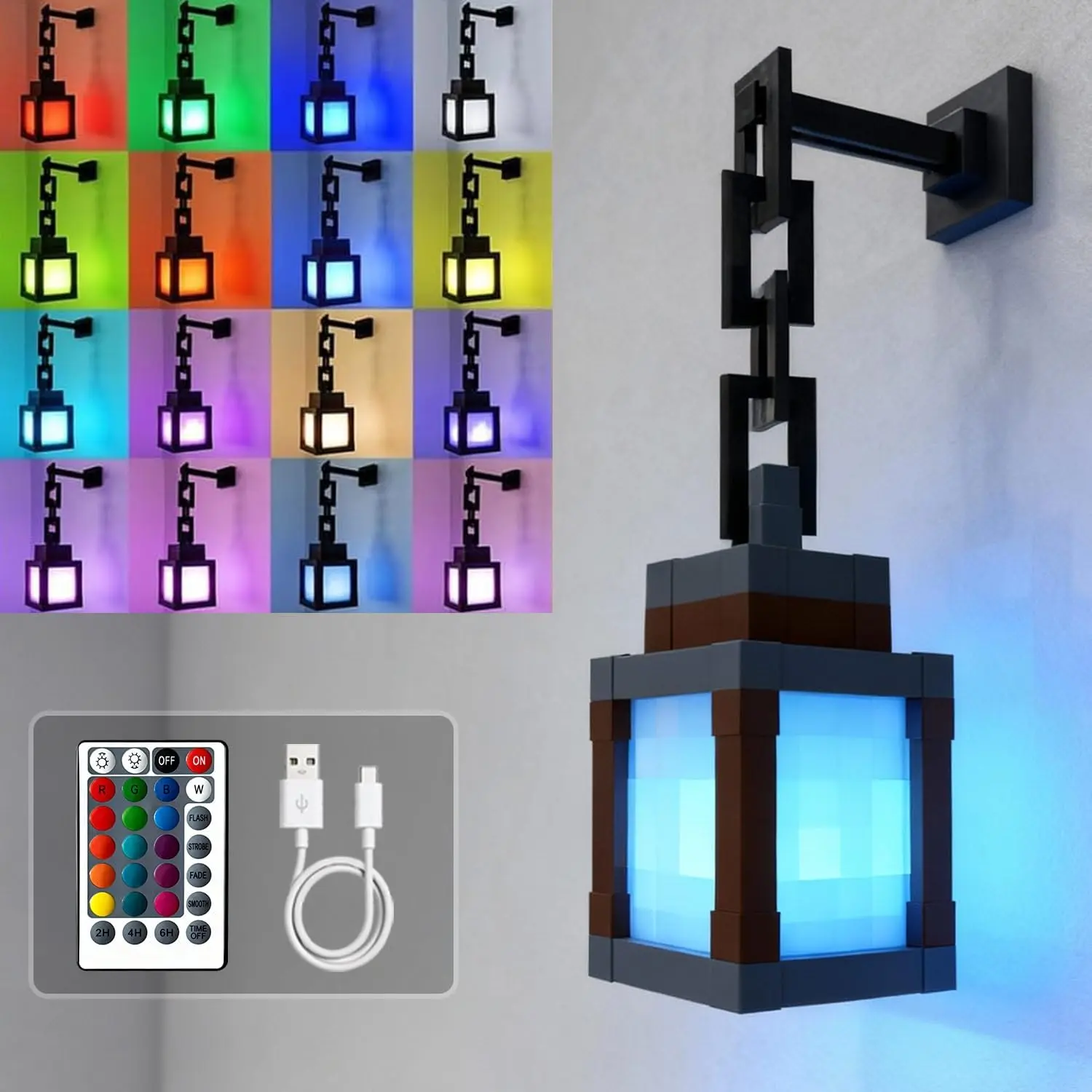 Pixelated Lantern Night Light - 16 Color LED Rechargeable Retro Pixel Style Lamp with Remote Control, for Kids' Room Decor, Game Room Use and Children's Gifts
