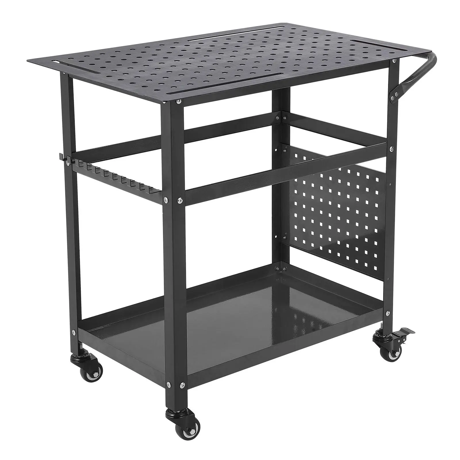 Garvee 1200 lb Heavy-Duty Rolling Welding Workshop Table Workbench, 36x24 in Steel Frame with Rubberwood Top, 5/8 in Fixture Holes, Pegboard Hooks, 4 Tool Slots, Handle, Wheels - Black/Orange