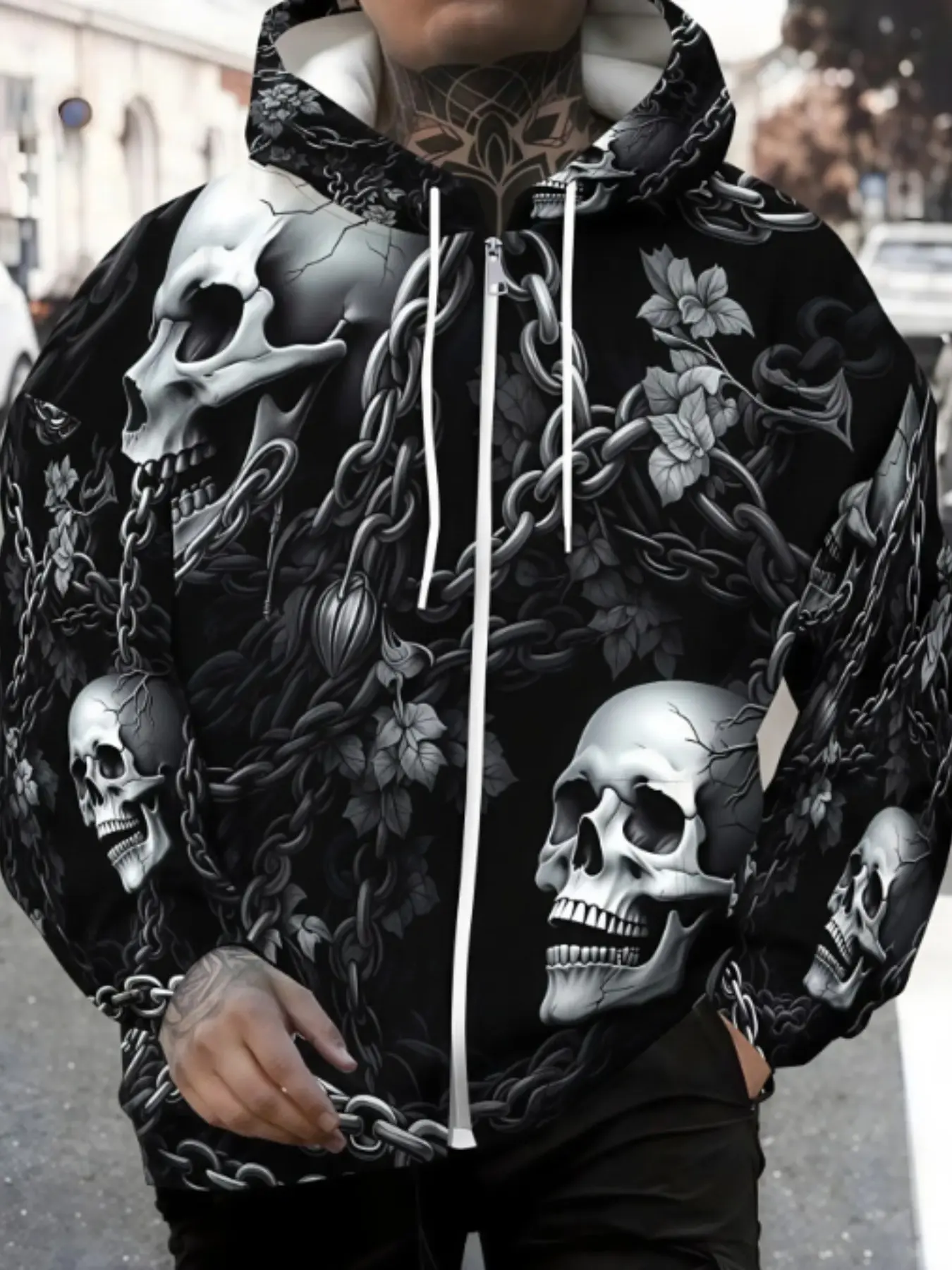 Dark Ivy Chain Skull Graphic Plus Size Men Zip Hooded Jacket, Stretch Skin Friendly Coat, For Adult Male Urban Commute Alternative Street Outing, Popular Gothic Mens Jacket Hot Daily Wear