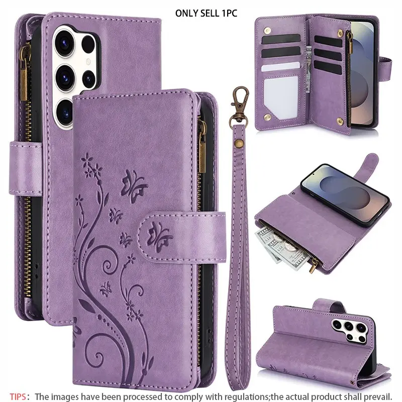Butterfly Pattern Zipper Phone Case with Card Slot, Shockproof Phone Protective Cover, Phone Accessory, Cellphone Casing, Compatible with Samsung Galaxy S26 S25 S24 S23 Ultra Plus