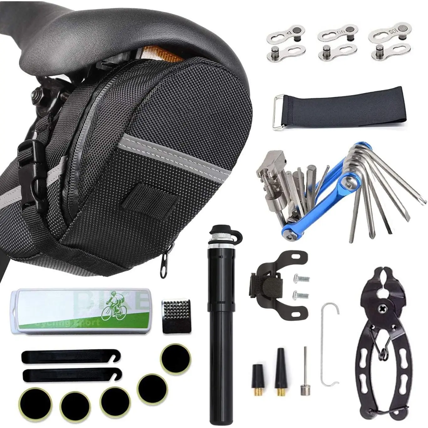 Bicycle Tire Pump & Repair Accessories Kit - Saddle Bag, Patches, 11 In 1 Multi-Tool Kit, Lever, Link Plier, Chain Breaker Splitter for Road, Mountain BMX Bikes (Bike Tools & Equipment)
