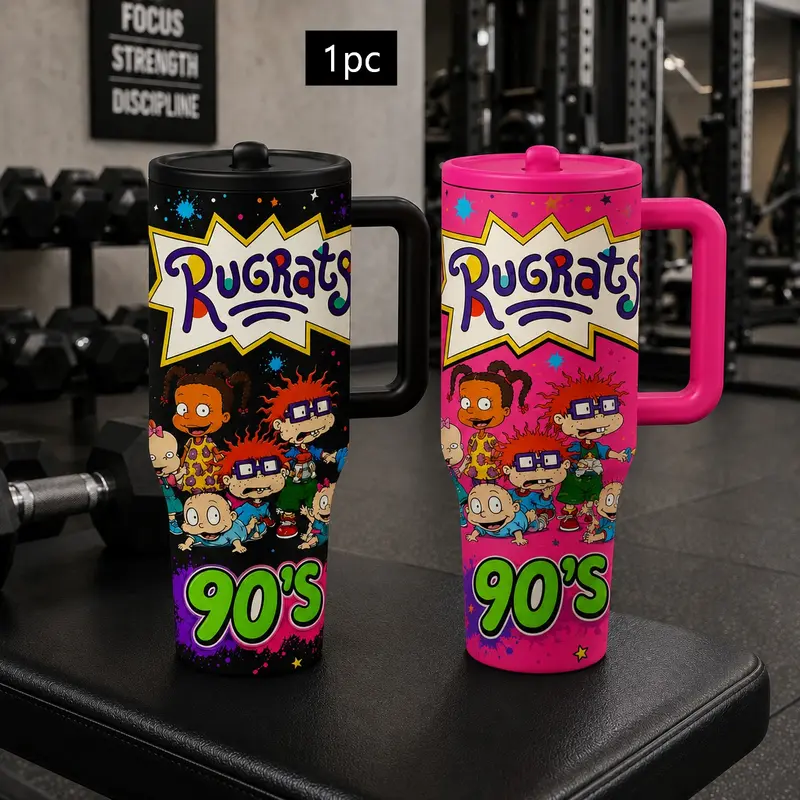 1PC 40oz 90s Retro Cartoon Baby Gang Pattern Insulated Drink Tumbler with Handle & Straw, Double Wall Vacuum Leak-Proof Travel Mug, Hot 12H Cold 24H, Large Capacity Cup for Men Women Teens, Birthday Christmas Nostalgia Gift