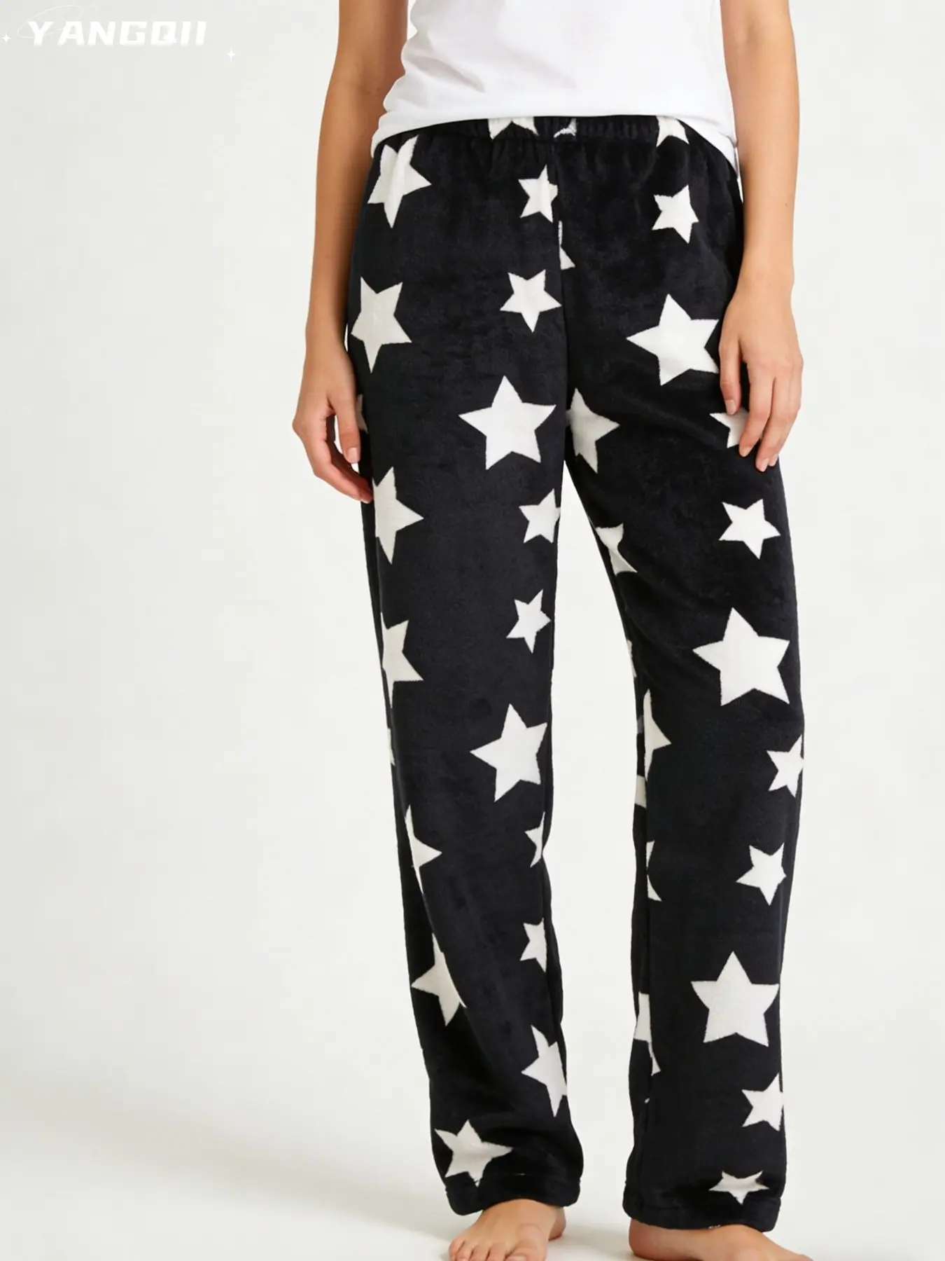 Sweet & Cool Heavyweight Starry Sleep Pants - Plush Black Star Coral Fleece, Winter Warm Oversized Long Length, Lounge Pants for Home & Outdoor (S-L)