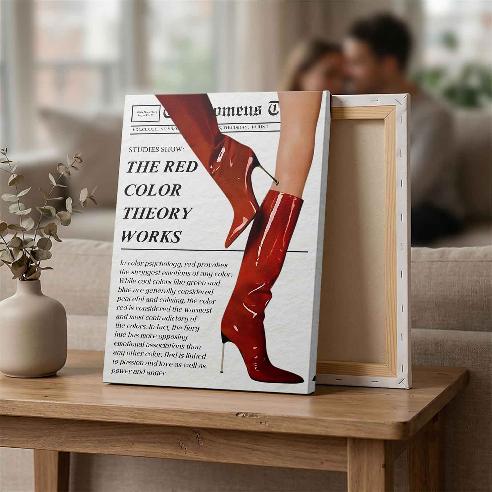 The Red Color Theory Works Red Boots Fashion Canvas Wall Art, Retro Newspaper Style Print, Aesthetic Dressing Room Decor, Trendy Fashion Poster, Gift for Shoe Lovers
