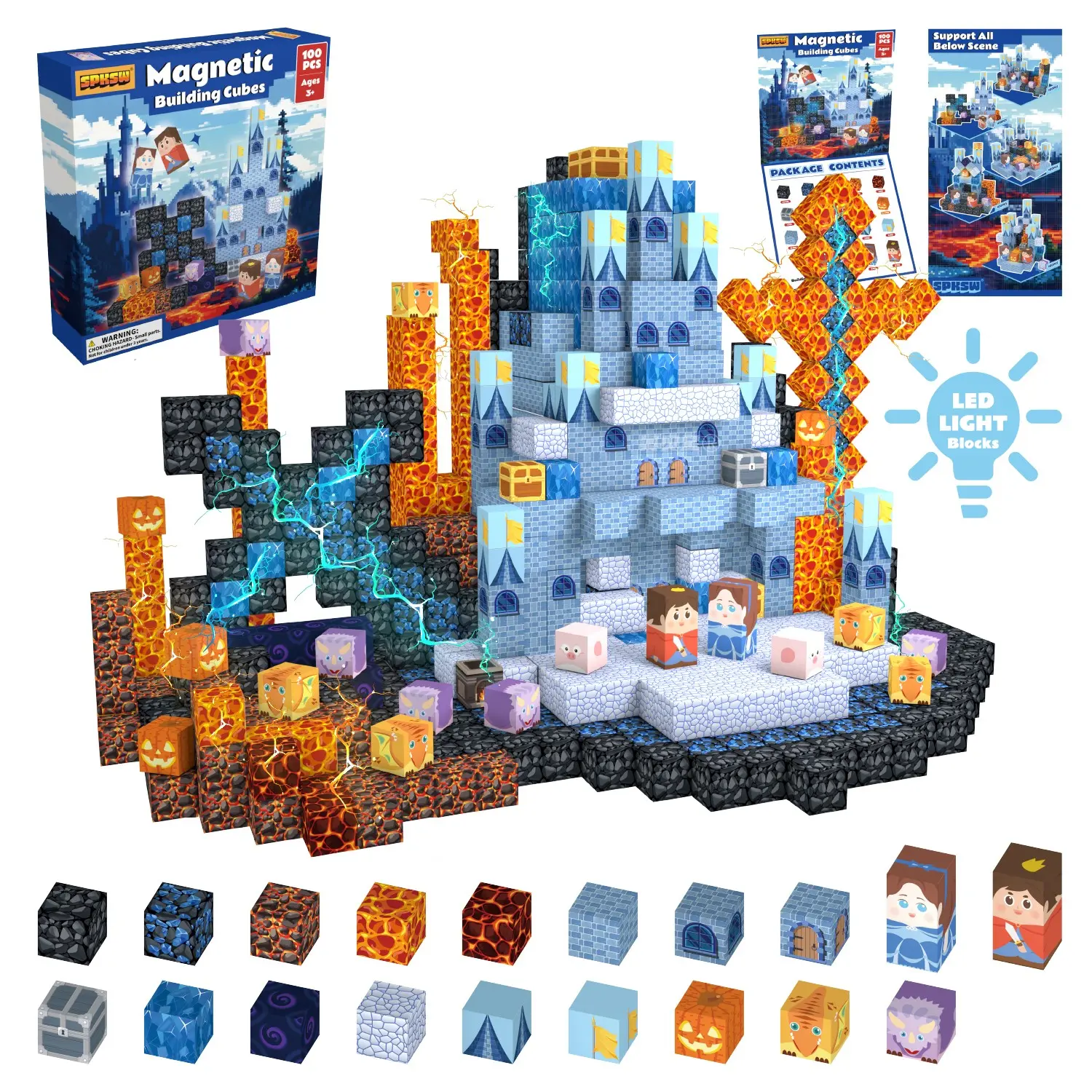 Magnetic Building Blocks, Magnetic Building Cubes - 100-piece/200-piece pack, Magic Castle series, some blocks light up, STEM Montessori sensory toy, for boys and girls, Valentine's Day gift, outdoor fun Minecraft magnetic building blocks