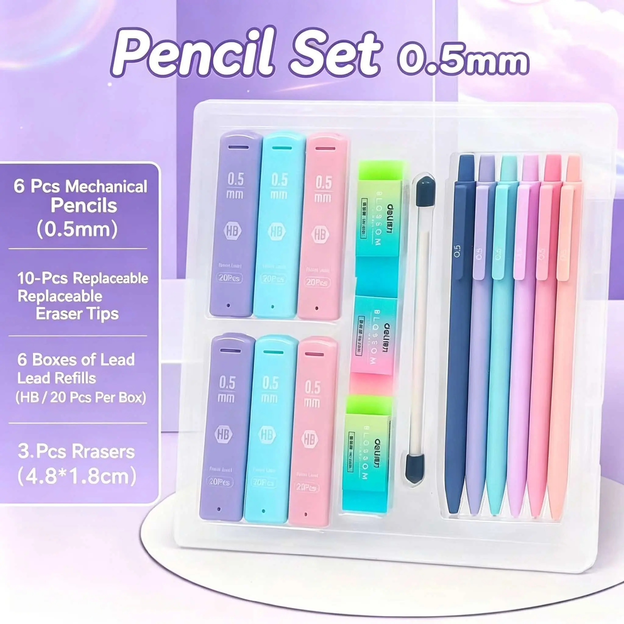 Adorable Automatic Pencil Set, 6 Pieces 0.5/0.7mm, 360 Leads, 3 Erasers, Storage Box, School Supplies for Girls, Aesthetic Stationery